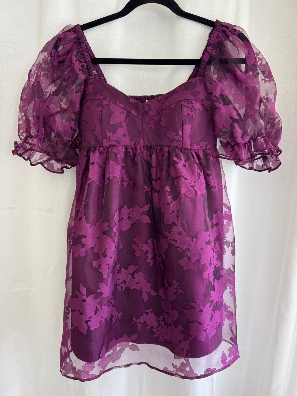 Purple Floral Puff Sleeve Sheer Babydoll Dress
